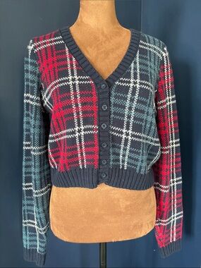 Hollister Plaid V-Neck Button Cropped Cardigan Sweater - Navy / Red  - Large